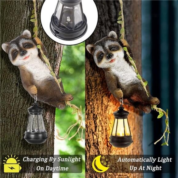 1 Pack Solar Light Statues, 6.5"H Resin Raccoon Climbing On A 23.6"L Vine - Picture 5 of 8